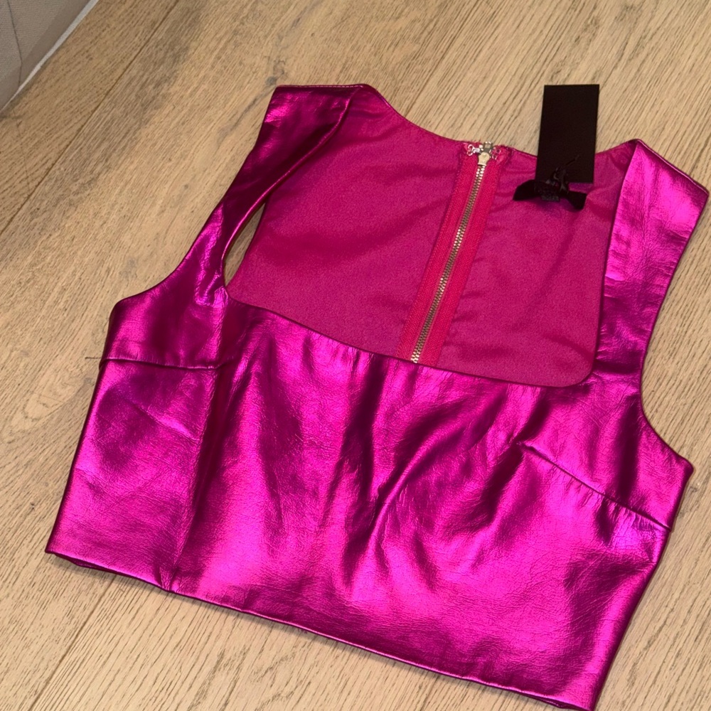 H:ours REVOLVE Hot Pink Metallic Vegan Leather Crop Top XS NWT Square Neck